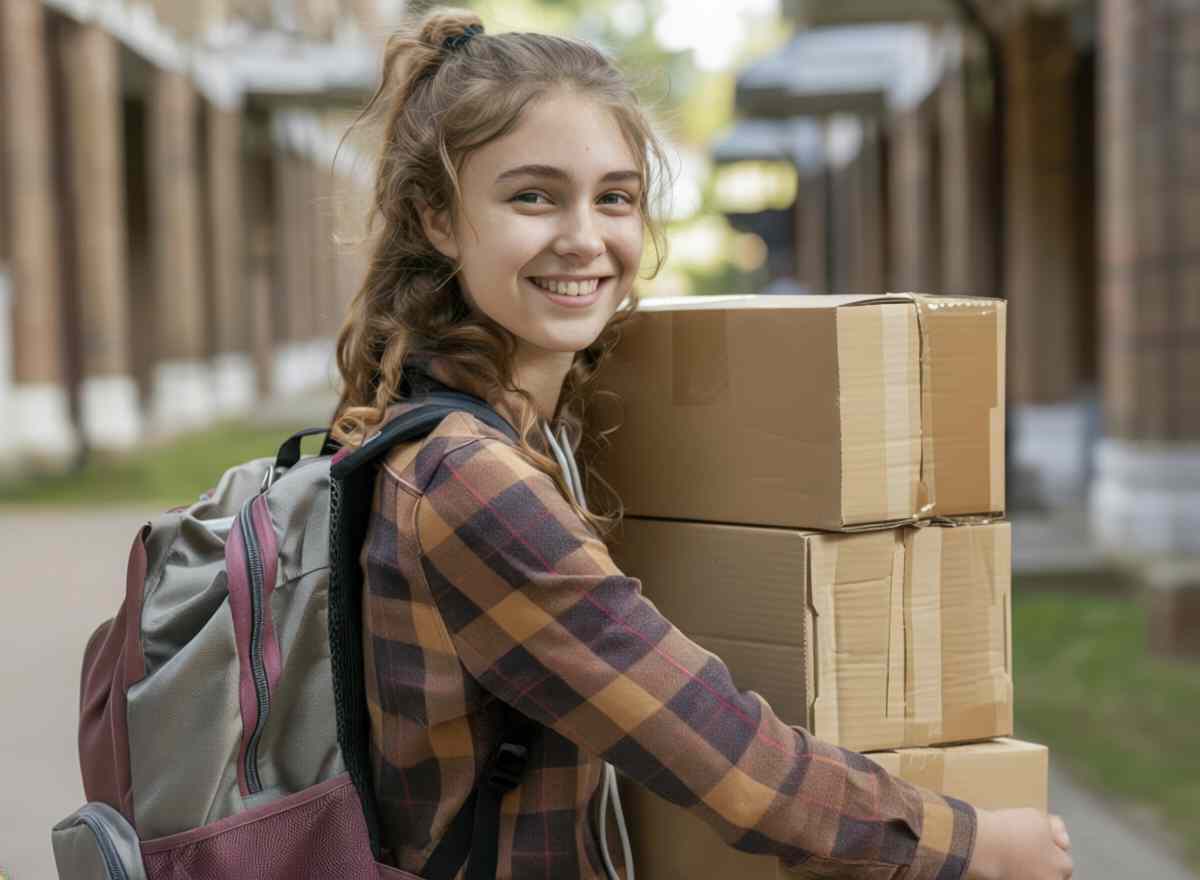 Etudiante qui tient un colis personnalisé de fournitures en main