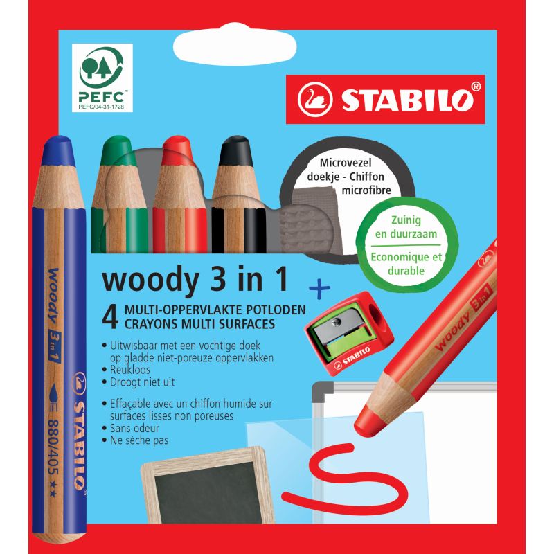 Etui de 4 crayons Woody 3 in 1 spécial pour tableau blanc