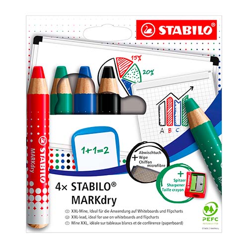 Stabilo MARKdry - Kit Crayons pour tableaux blancs avec chiffon & taille crayon