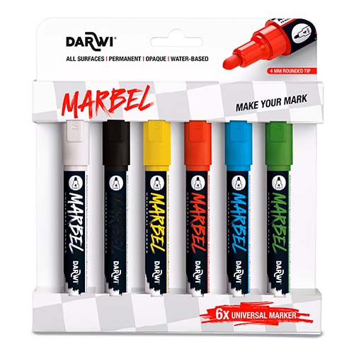Set de 6 Marqueurs Marbel Pointe Ronde 4mm, Assortiment couleurs Primaire